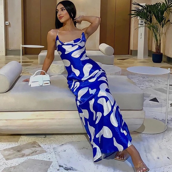 Blue and white Pattern Maxi Slip Dress - Picture 1 of 6